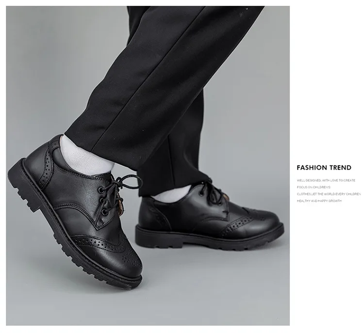 British Style Boys' Black Genuine Leather Brogue Shoes Classic Design for School and Party