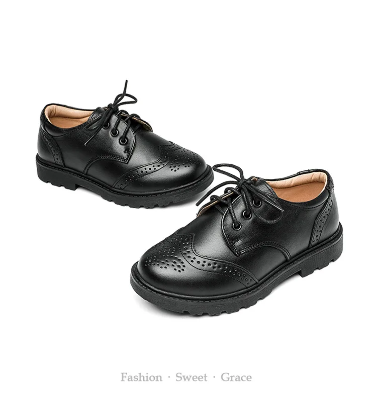 British Style Boys' Black Genuine Leather Brogue Shoes Classic Design for School and Party