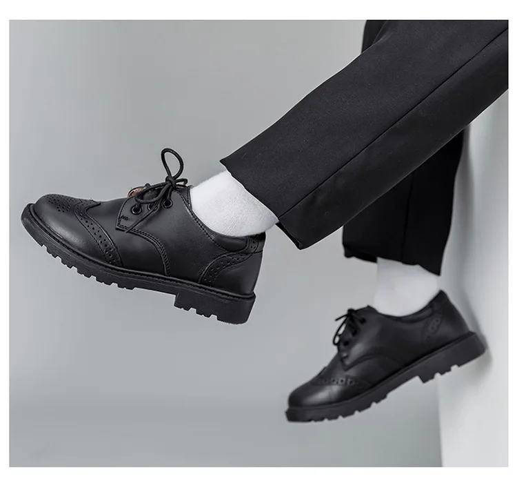 British Style Boys' Black Genuine Leather Brogue Shoes Classic Design for School and Party