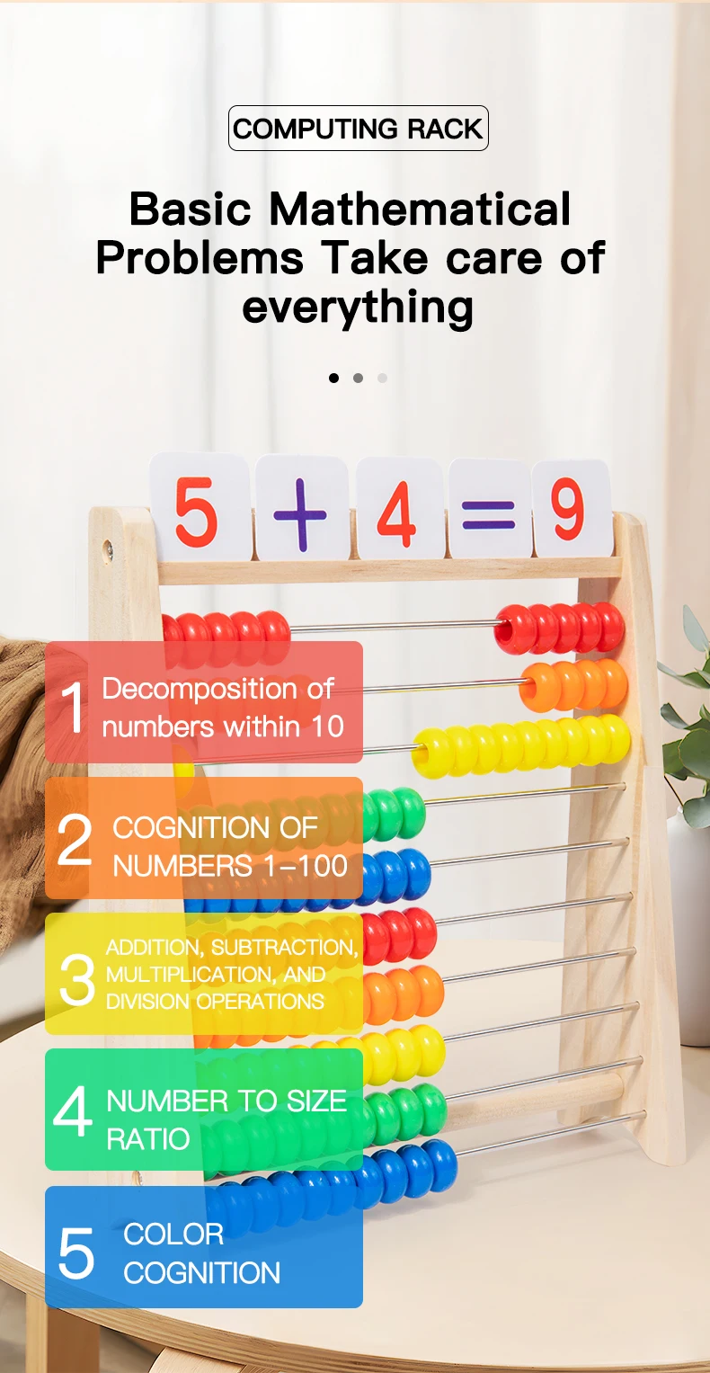 Classic Wooden Educational  Math 10-Row Counting Toy 100 Beads With Counting Sticks Number Alphabet Card Preschool Math Learning