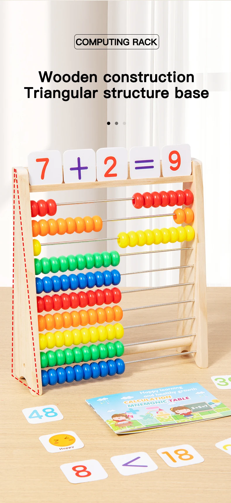 Classic Wooden Educational  Math 10-Row Counting Toy 100 Beads With Counting Sticks Number Alphabet Card Preschool Math Learning