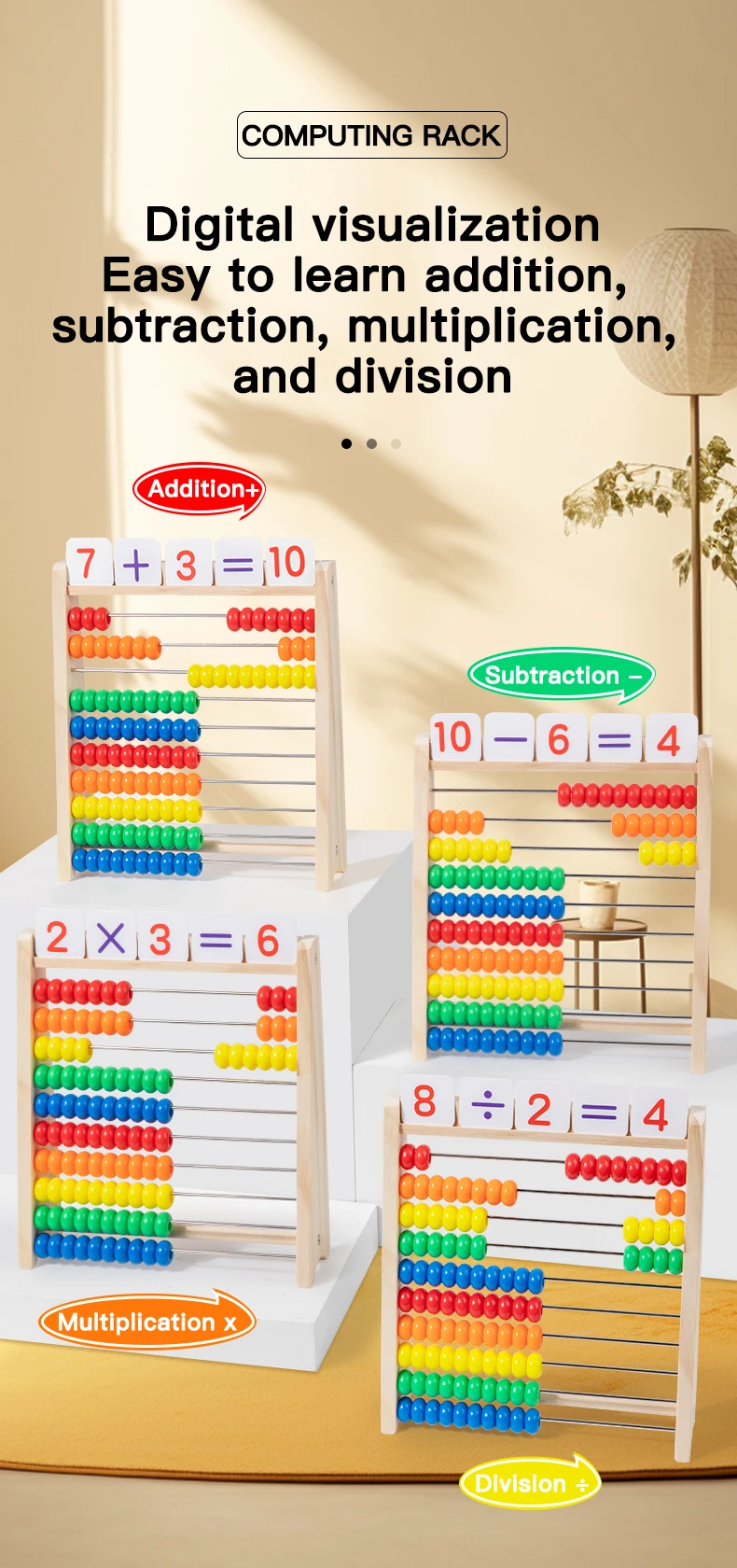 Classic Wooden Educational  Math 10-Row Counting Toy 100 Beads With Counting Sticks Number Alphabet Card Preschool Math Learning