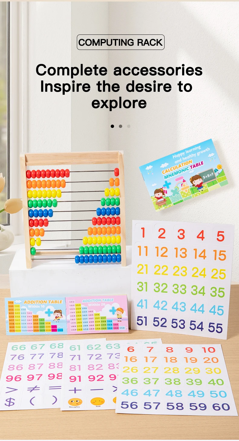 Classic Wooden Educational  Math 10-Row Counting Toy 100 Beads With Counting Sticks Number Alphabet Card Preschool Math Learning