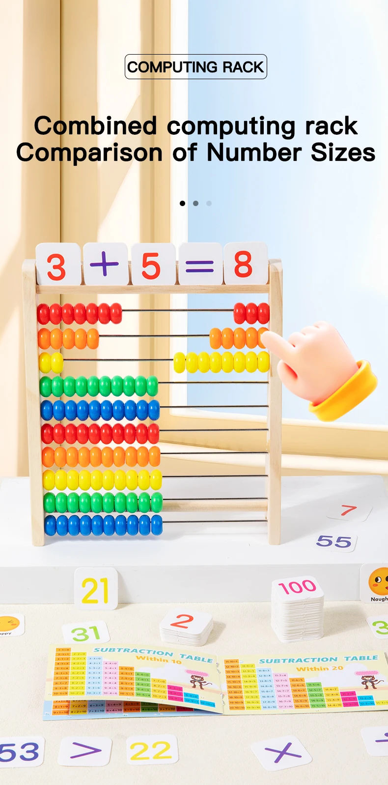 Classic Wooden Educational  Math 10-Row Counting Toy 100 Beads With Counting Sticks Number Alphabet Card Preschool Math Learning