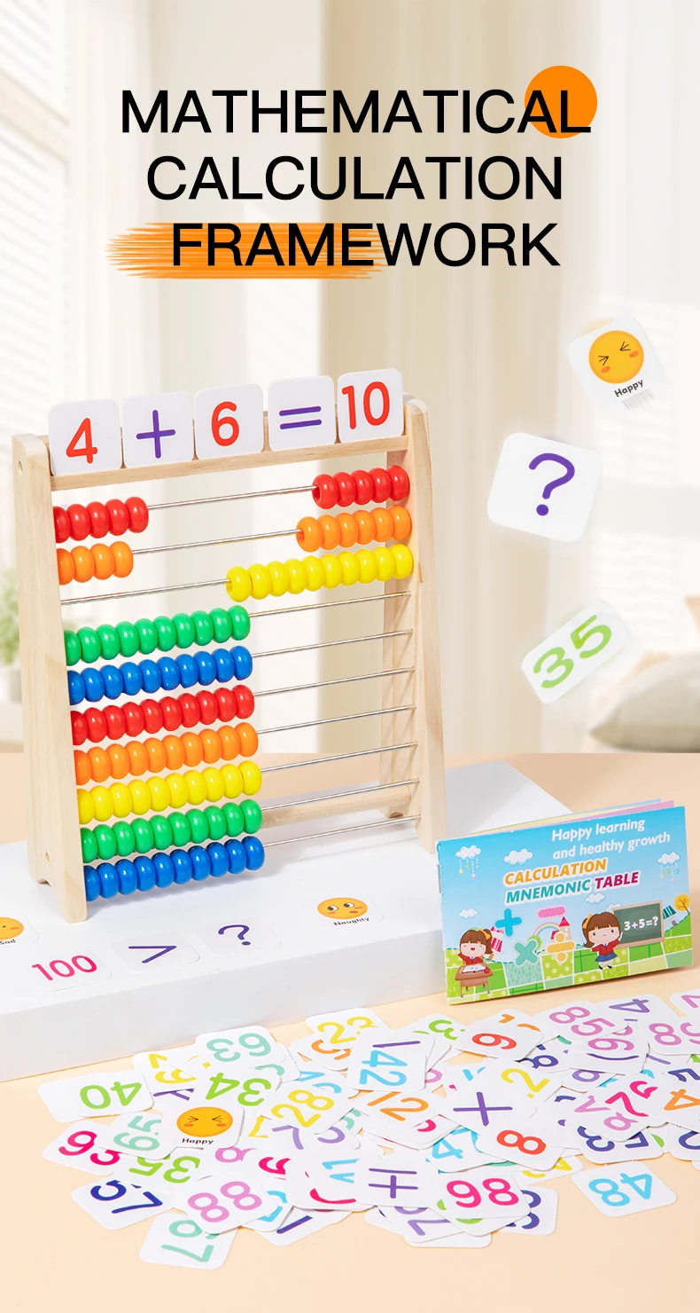 Classic Wooden Educational  Math 10-Row Counting Toy 100 Beads With Counting Sticks Number Alphabet Card Preschool Math Learning