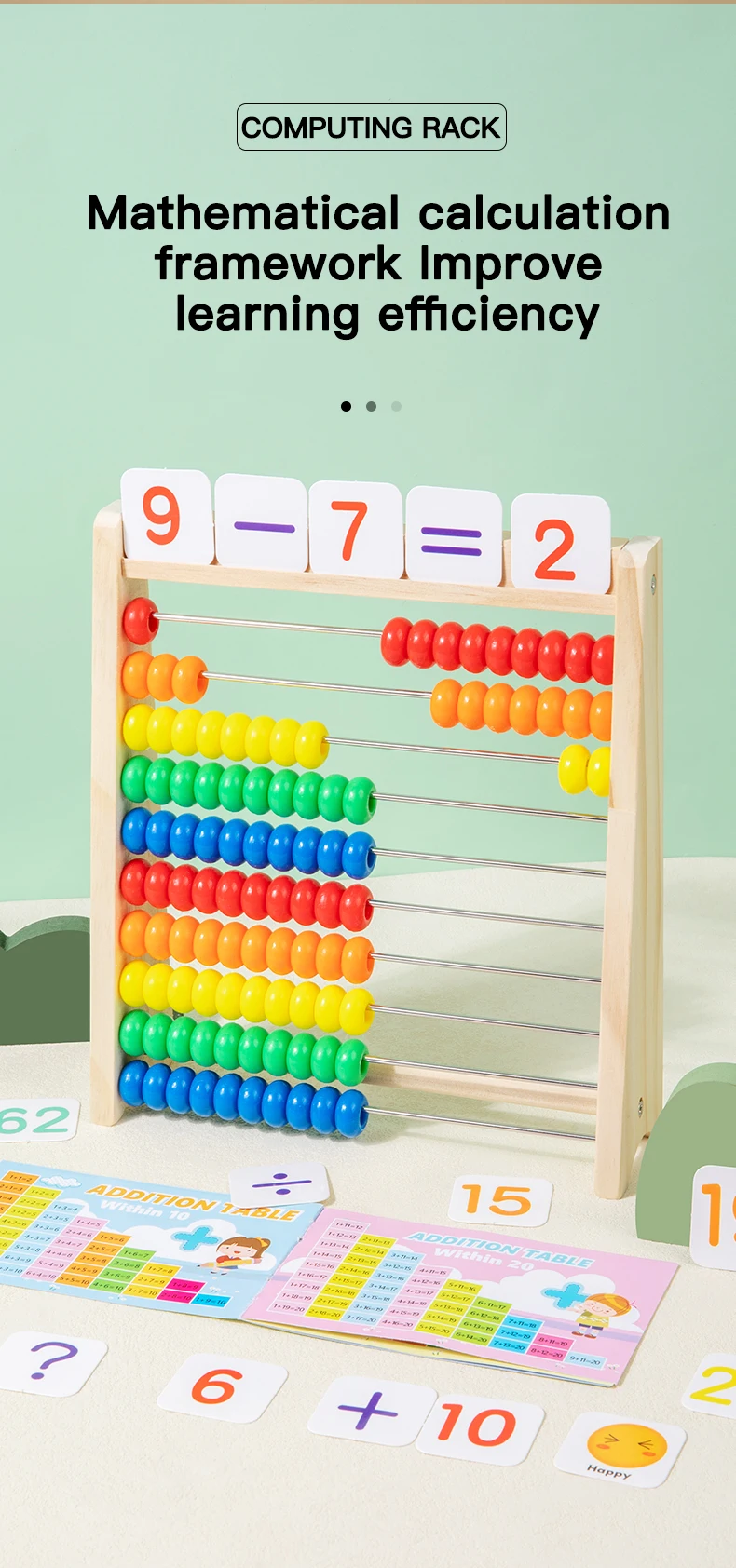 Classic Wooden Educational  Math 10-Row Counting Toy 100 Beads With Counting Sticks Number Alphabet Card Preschool Math Learning