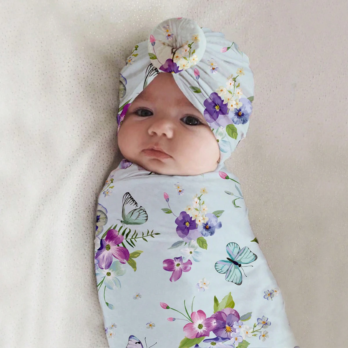 Ylsteed Rose Flower Print Newborn Photography Wrap with Turban Hat Infant Photo Shooting Outfits  Baby Receiving Swaddle Blanket