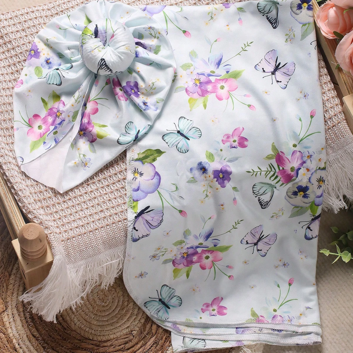 Ylsteed Rose Flower Print Newborn Photography Wrap with Turban Hat Infant Photo Shooting Outfits  Baby Receiving Swaddle Blanket