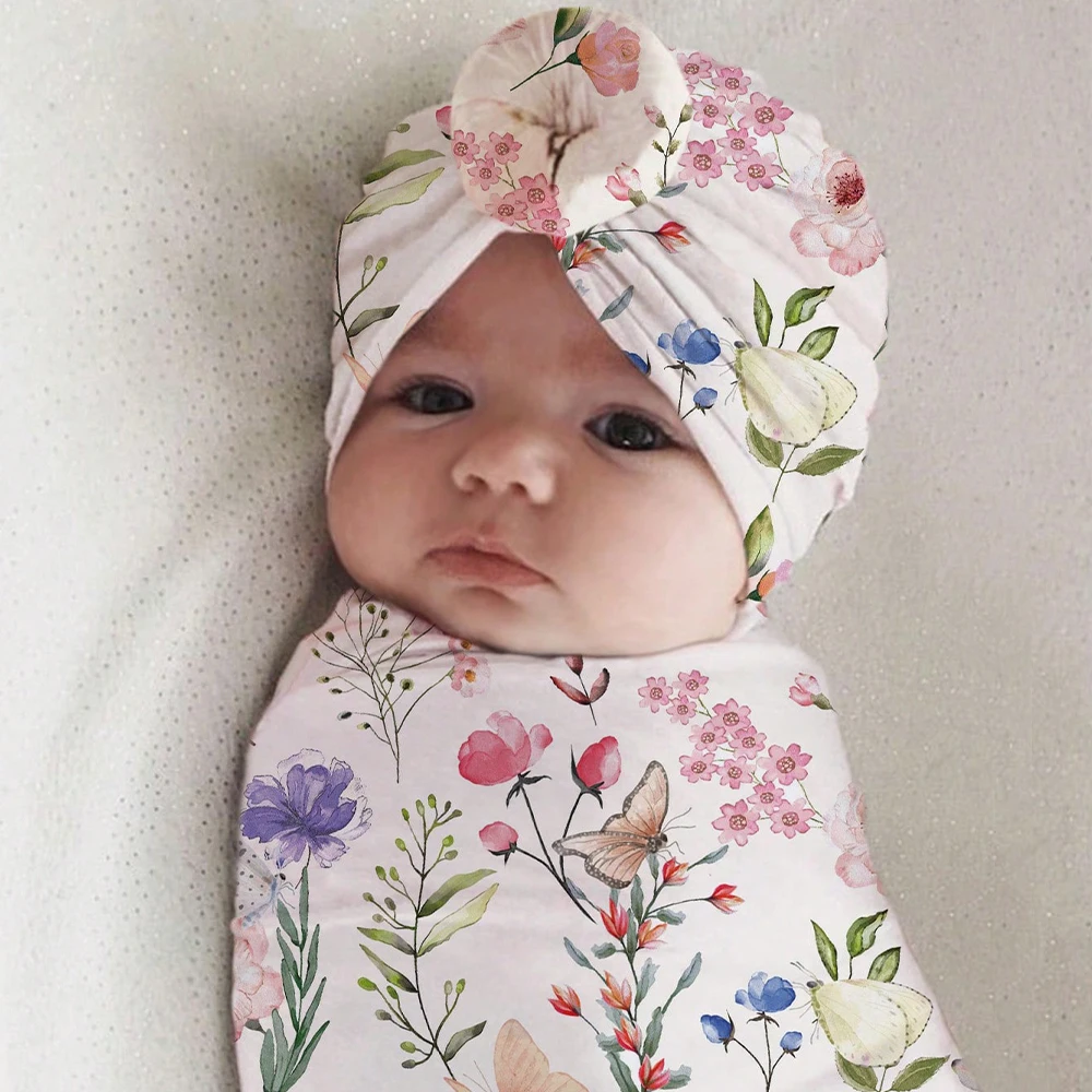 Ylsteed Rose Flower Print Newborn Photography Wrap with Turban Hat Infant Photo Shooting Outfits  Baby Receiving Swaddle Blanket