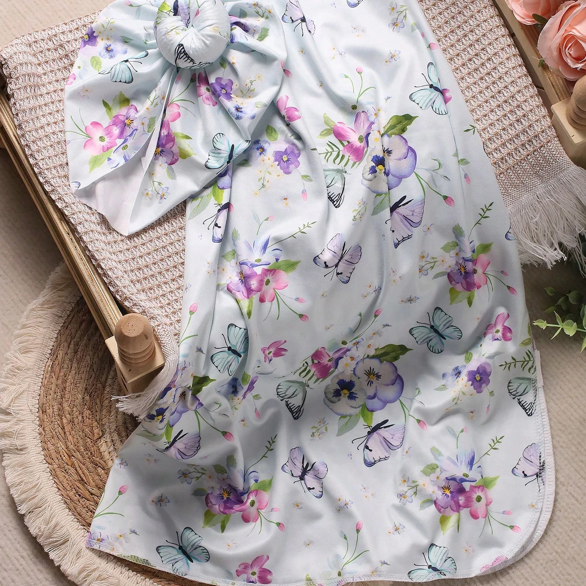 Ylsteed Rose Flower Print Newborn Photography Wrap with Turban Hat Infant Photo Shooting Outfits  Baby Receiving Swaddle Blanket