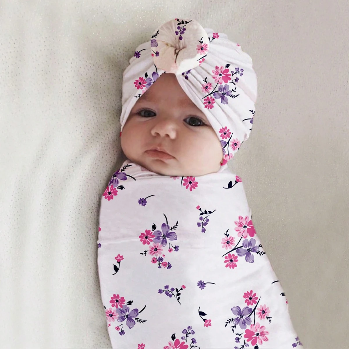 Ylsteed Rose Flower Print Newborn Photography Wrap with Turban Hat Infant Photo Shooting Outfits  Baby Receiving Swaddle Blanket