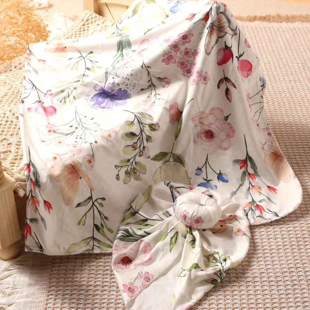 Ylsteed Rose Flower Print Newborn Photography Wrap with Turban Hat Infant Photo Shooting Outfits  Baby Receiving Swaddle Blanket