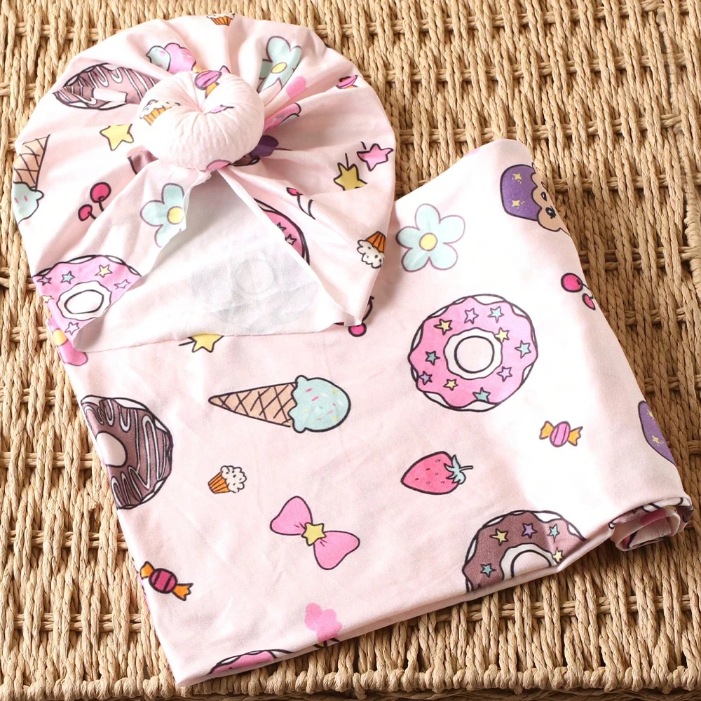 Ylsteed Rose Flower Print Newborn Photography Wrap with Turban Hat Infant Photo Shooting Outfits  Baby Receiving Swaddle Blanket