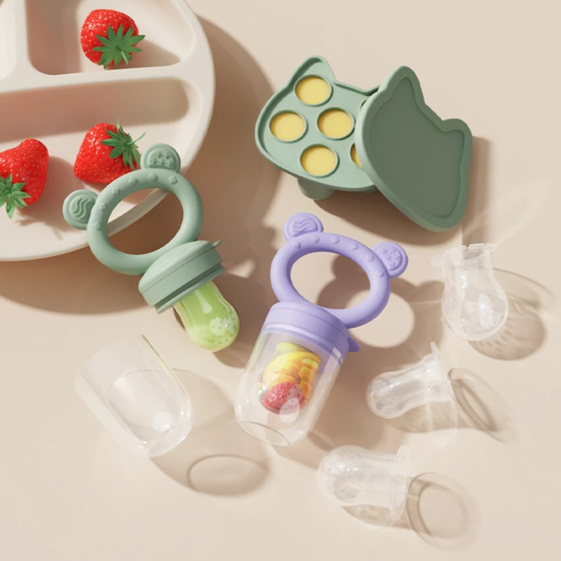 Baby Fruit Food Feeder & Mini Freezer Nibble Tray with Lid Breastmilk Popsicle Molds Silicone Infant Self Feeding Food Pacifier
