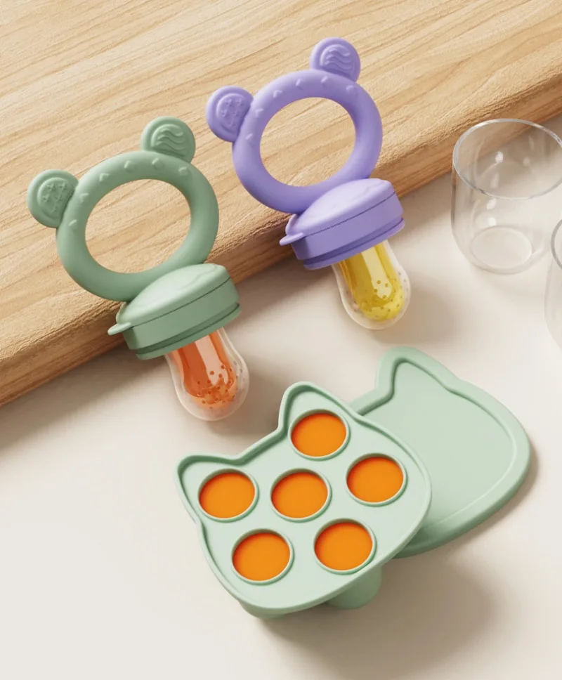 Baby Fruit Food Feeder & Mini Freezer Nibble Tray with Lid Breastmilk Popsicle Molds Silicone Infant Self Feeding Food Pacifier