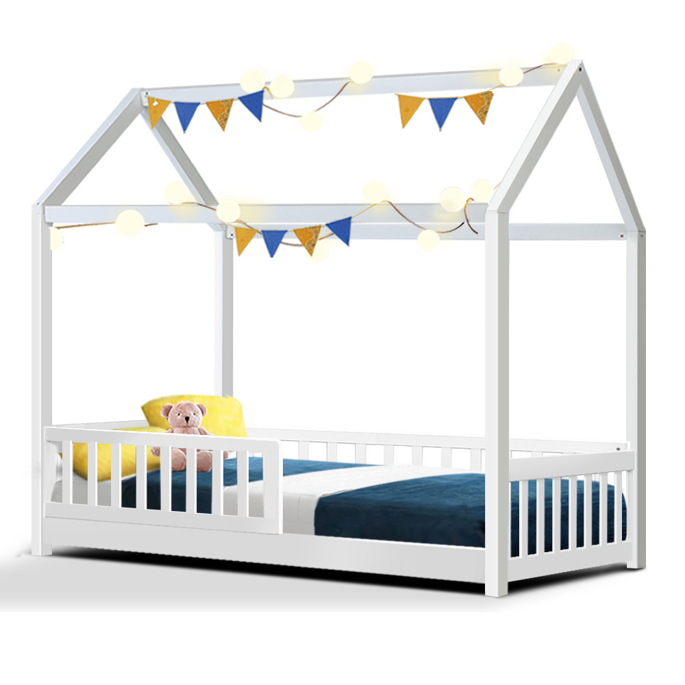 Artiss Single Bed Frame Wooden Kids House Frame White ROCK
